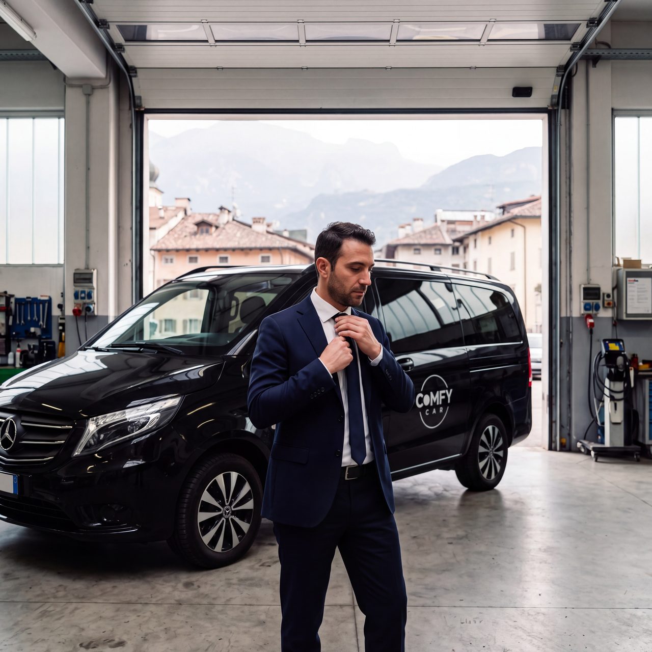 Un autista in giacca e cravatta si prepara accanto al Vito con il marchio Comfy-Car