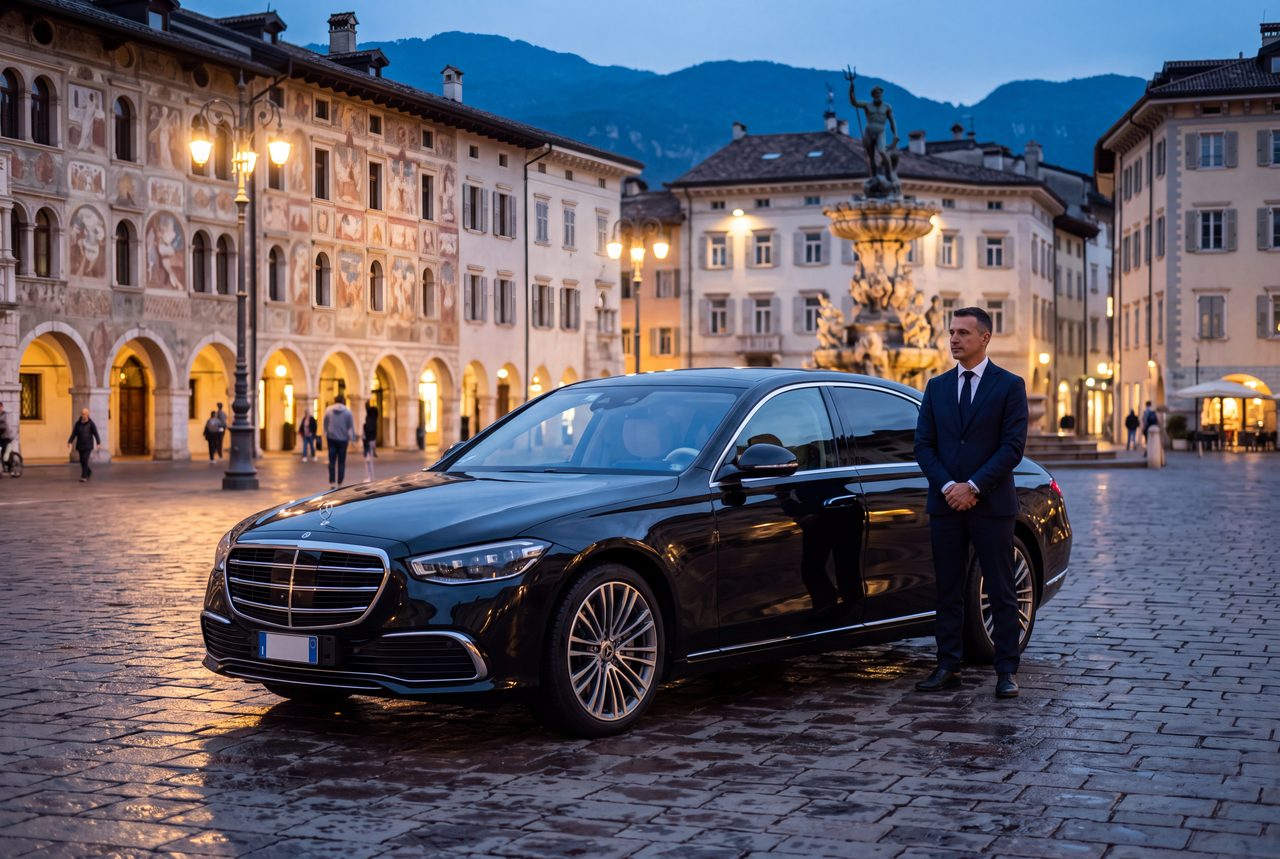 Una Mercedes Classe S nera in Piazza Duomo a Trento all'imbrunire, l'autista in giacca e cravatta accanto alla portiera posteriore