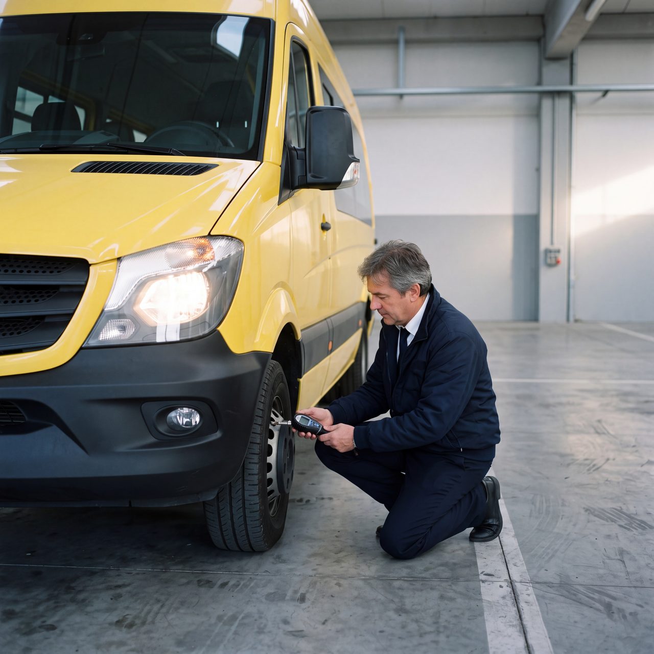 L'autista controlla la pressione delle gomme dello Sprinter prima della partenza