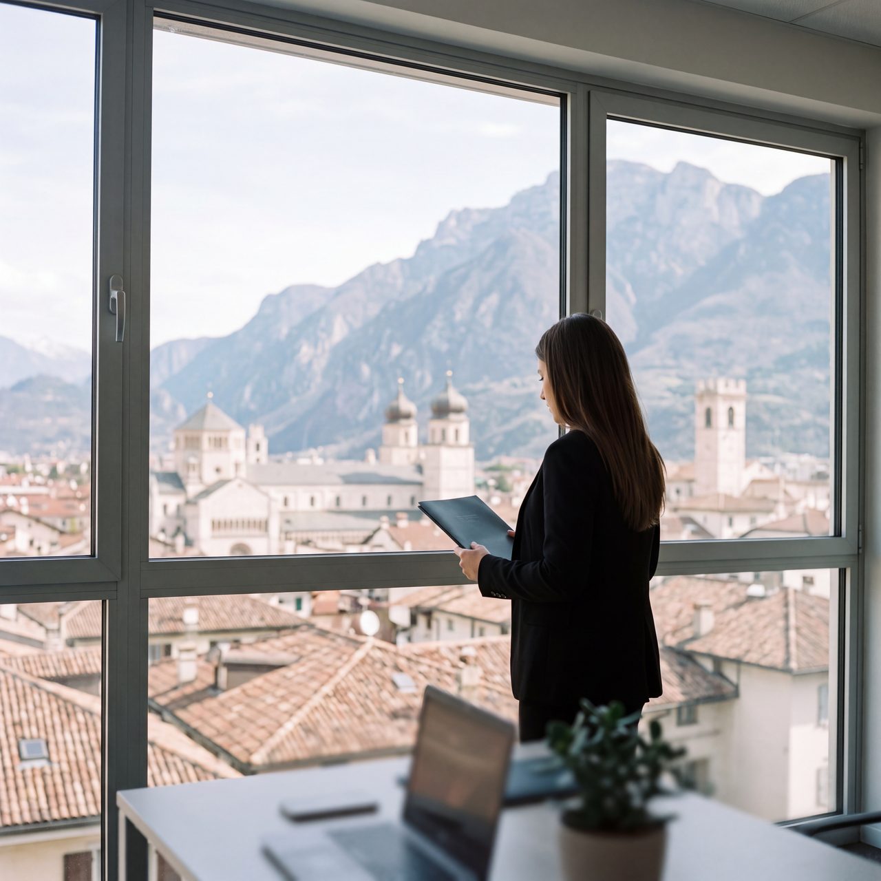 La direzione alla finestra dell'ufficio, sui tetti di Trento