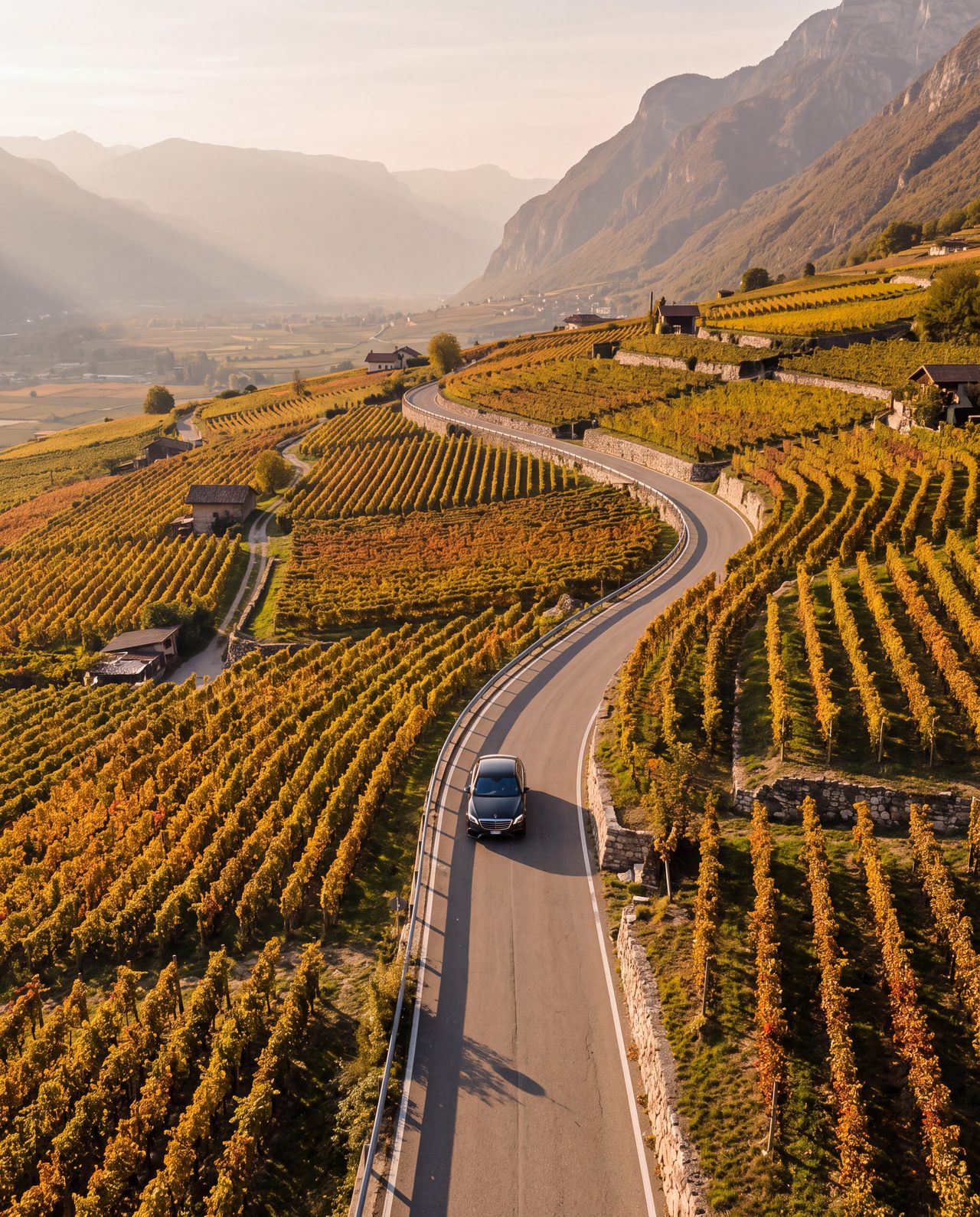 La Classe S su una strada tra i vigneti della valle dell'Adige, vista dall'alto