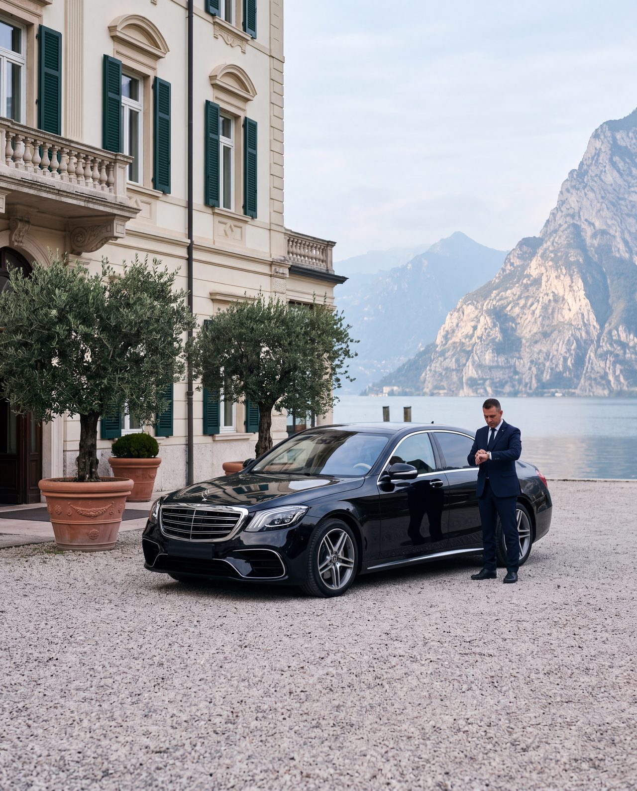 La Classe S in attesa davanti a un albergo sul lago di Garda, l'autista guarda l'orologio
