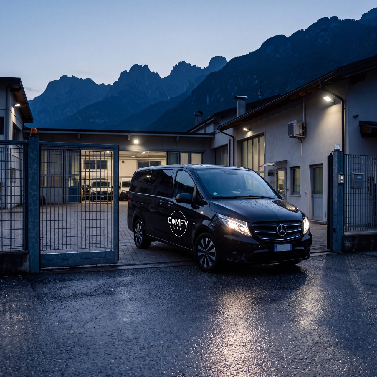 Il Vito con il marchio Comfy-Car esce dalla rimessa prima dell'alba