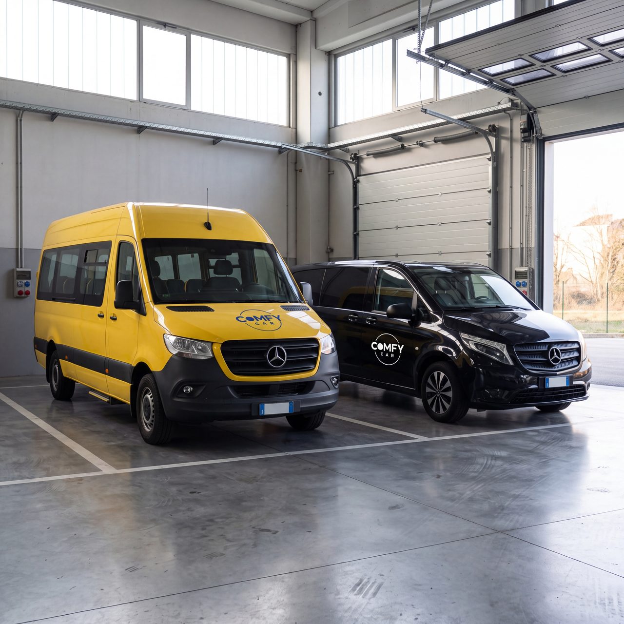 Uno Sprinter giallo e un Vito nero di riserva, pronti nella rimessa
