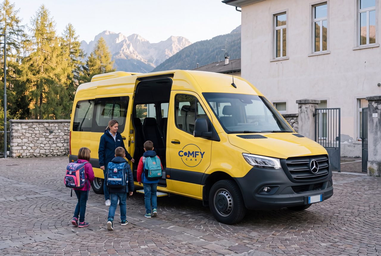 Lo Sprinter giallo con il marchio Comfy-Car davanti a una scuola del Trentino, i bambini che salgono con l'accompagnatrice