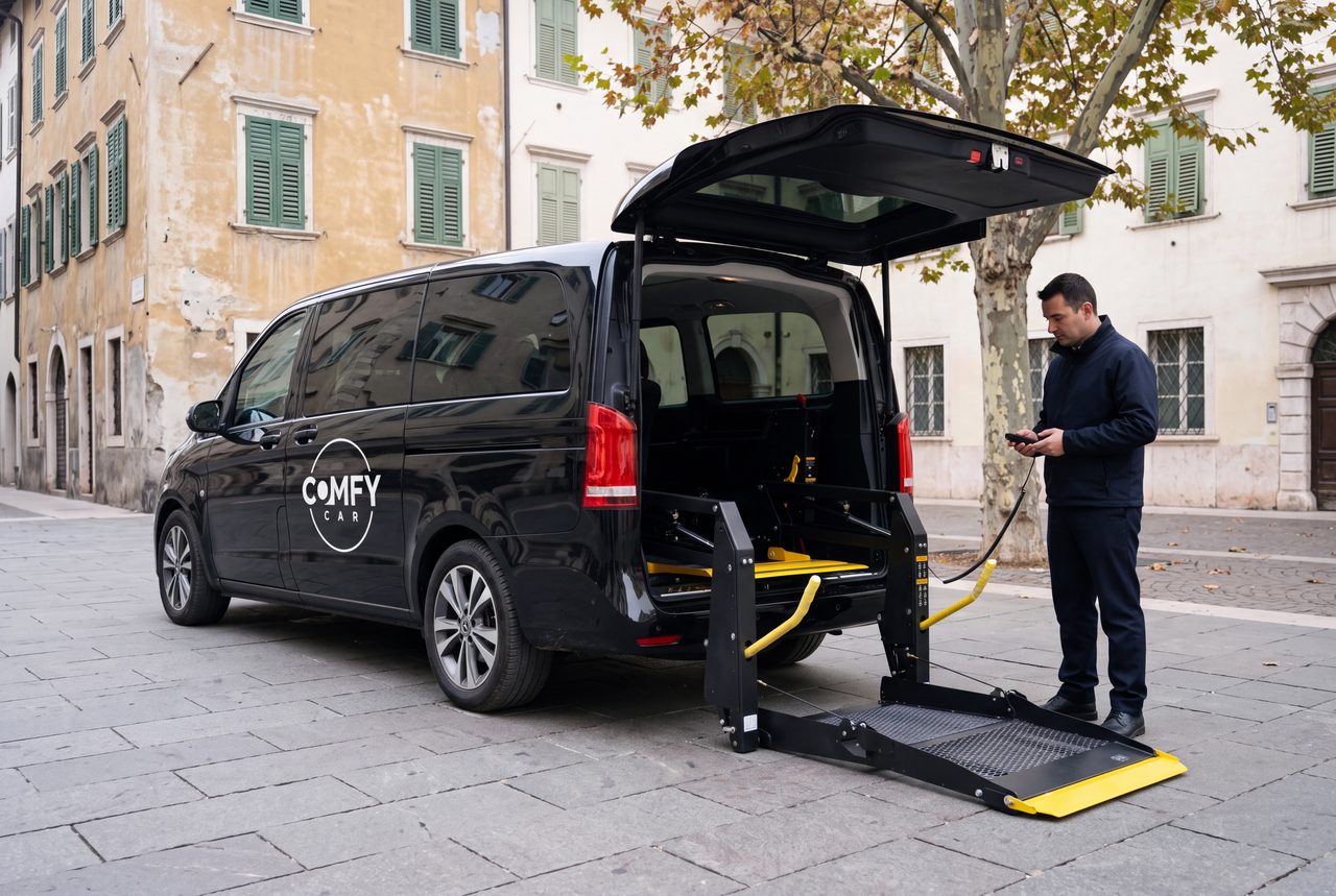 Il Mercedes Vito nero con il marchio Comfy-Car e la pedana elettrica posteriore abbassata, in una via del centro di Trento